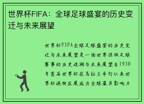 世界杯FIFA：全球足球盛宴的历史变迁与未来展望